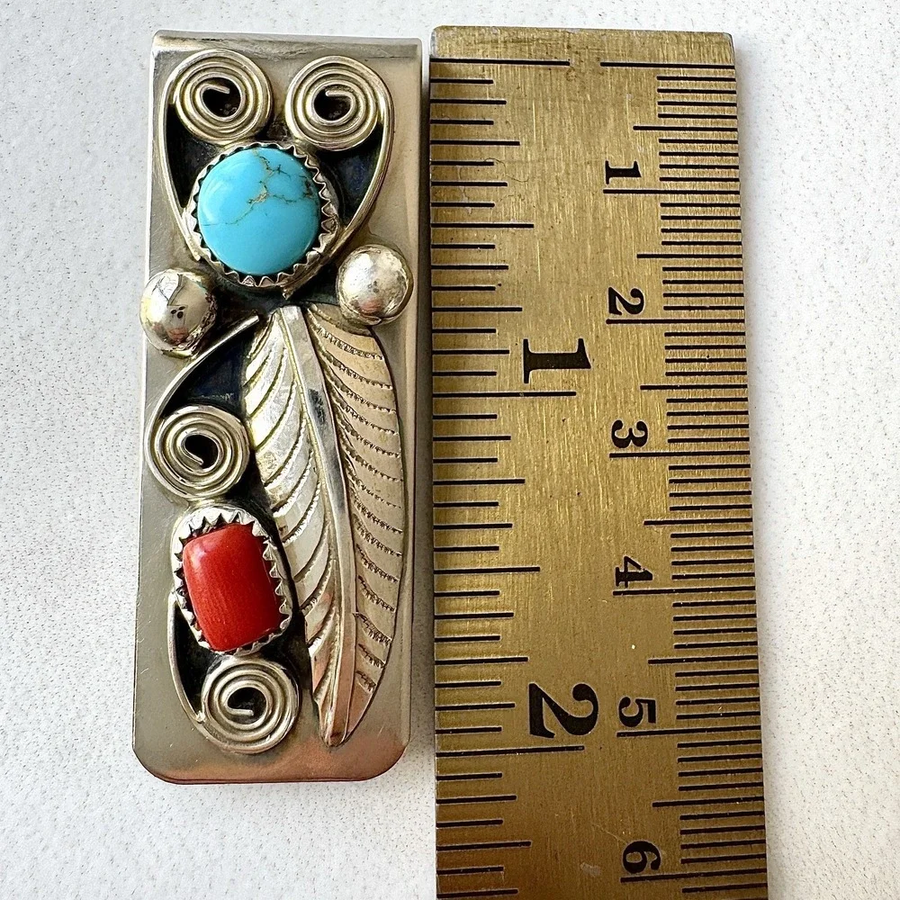 Navajo Natural Turquoise Coral Money Clip Silver 2in Mens Gift Handmade Arviso